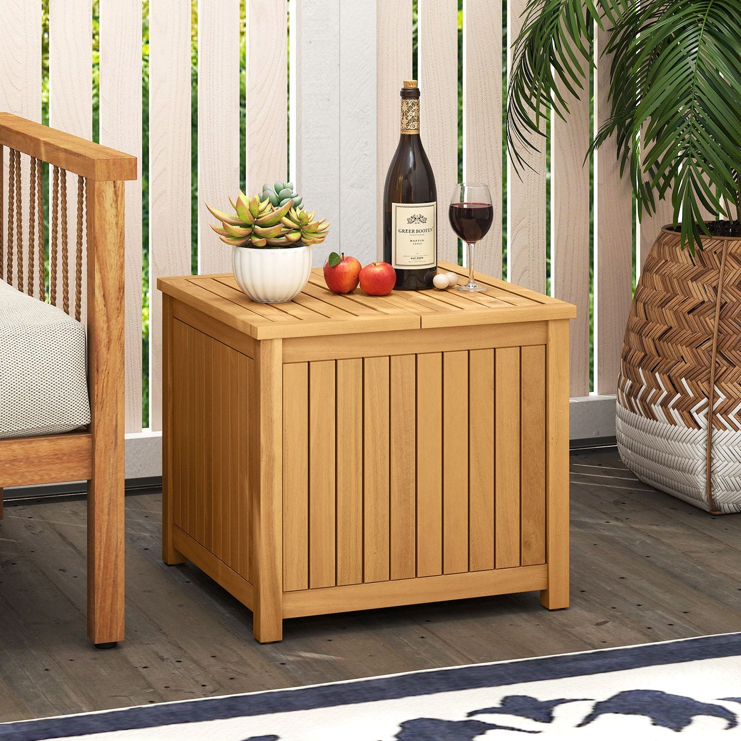 2-in-1 Outdoor Side Table with Storage Acacia Wood Slatted Coffee Table Square and Round Slatted End Storage Box