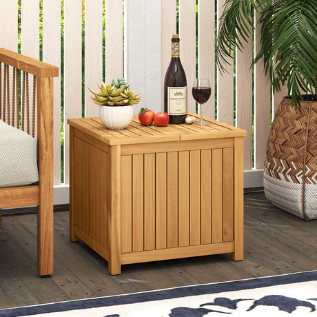 Mesa Auxiliar Exterior 2 en 1 con Almacenamiento, Mesa de Centro de Madera de Acacia con Listones, Caja de Almacenamiento Cuadrada y Redonda con Listones