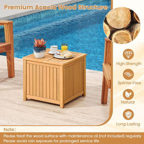 Mesa Auxiliar Exterior 2 en 1 con Almacenamiento, Mesa de Centro de Madera de Acacia con Listones, Caja de Almacenamiento Cuadrada y Redonda con Listones