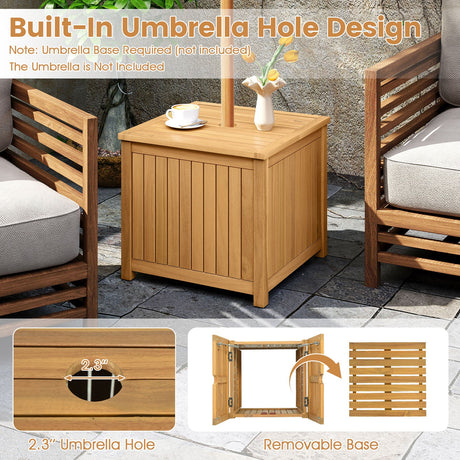 Mesa Auxiliar Exterior 2 en 1 con Almacenamiento, Mesa de Centro de Madera de Acacia con Listones, Caja de Almacenamiento Cuadrada y Redonda con Listones