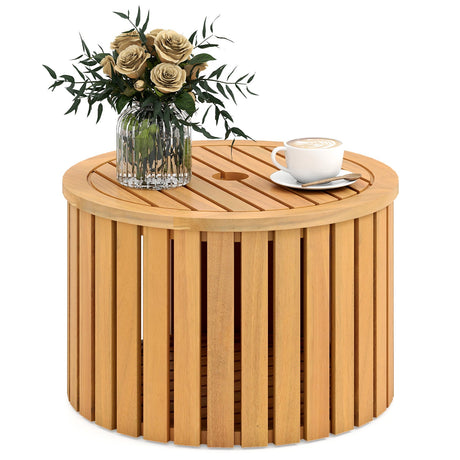 Mesa Auxiliar Exterior 2 en 1 con Almacenamiento, Mesa de Centro de Madera de Acacia con Listones, Caja de Almacenamiento Cuadrada y Redonda con Listones