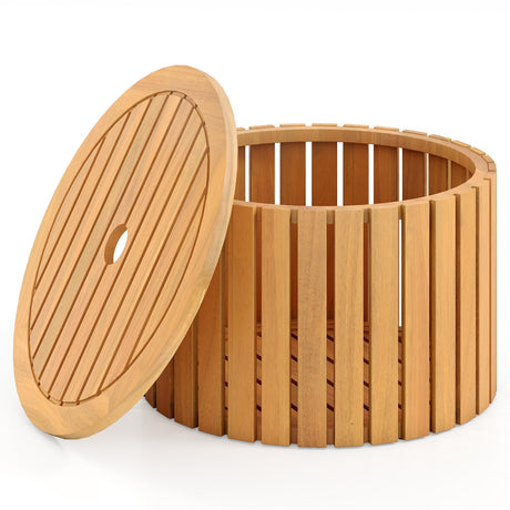 Mesa Auxiliar Exterior 2 en 1 con Almacenamiento, Mesa de Centro de Madera de Acacia con Listones, Caja de Almacenamiento Cuadrada y Redonda con Listones