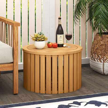Mesa Auxiliar Exterior 2 en 1 con Almacenamiento, Mesa de Centro de Madera de Acacia con Listones, Caja de Almacenamiento Cuadrada y Redonda con Listones