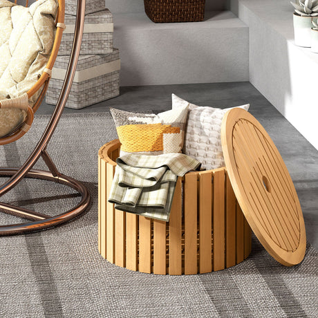 Mesa Auxiliar Exterior 2 en 1 con Almacenamiento, Mesa de Centro de Madera de Acacia con Listones, Caja de Almacenamiento Cuadrada y Redonda con Listones