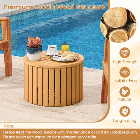 Mesa Auxiliar Exterior 2 en 1 con Almacenamiento, Mesa de Centro de Madera de Acacia con Listones, Caja de Almacenamiento Cuadrada y Redonda con Listones
