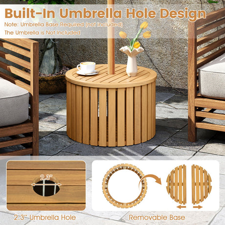 Mesa Auxiliar Exterior 2 en 1 con Almacenamiento, Mesa de Centro de Madera de Acacia con Listones, Caja de Almacenamiento Cuadrada y Redonda con Listones
