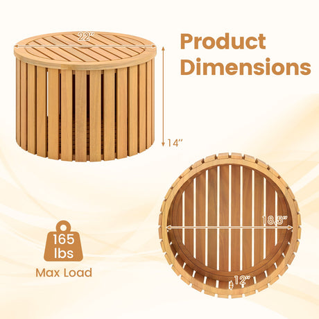 Mesa Auxiliar Exterior 2 en 1 con Almacenamiento, Mesa de Centro de Madera de Acacia con Listones, Caja de Almacenamiento Cuadrada y Redonda con Listones