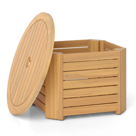 Mesa Auxiliar Exterior 2 en 1 con Almacenamiento, Mesa de Centro de Madera de Acacia con Listones, Caja de Almacenamiento Cuadrada y Redonda con Listones
