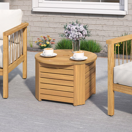 Mesa Auxiliar Exterior 2 en 1 con Almacenamiento, Mesa de Centro de Madera de Acacia con Listones, Caja de Almacenamiento Cuadrada y Redonda con Listones