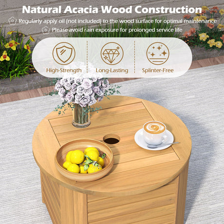 Mesa Auxiliar Exterior 2 en 1 con Almacenamiento, Mesa de Centro de Madera de Acacia con Listones, Caja de Almacenamiento Cuadrada y Redonda con Listones