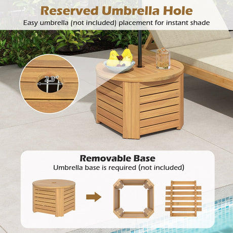Mesa Auxiliar Exterior 2 en 1 con Almacenamiento, Mesa de Centro de Madera de Acacia con Listones, Caja de Almacenamiento Cuadrada y Redonda con Listones