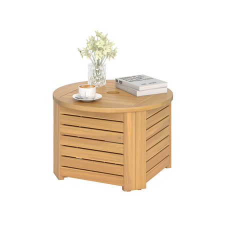 Mesa Auxiliar Exterior 2 en 1 con Almacenamiento, Mesa de Centro de Madera de Acacia con Listones, Caja de Almacenamiento Cuadrada y Redonda con Listones