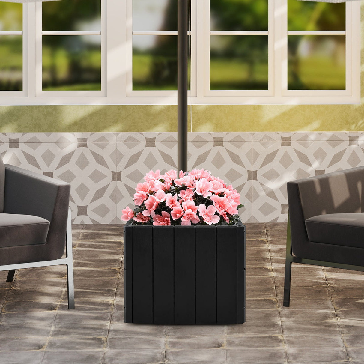 Base de Sombrilla Exterior 2 en 1 con Jardinera para Patio, Soporte para Sombrilla con Macetero - Negro