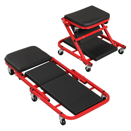 Taburete de garaje rodante con forma de Z 2 en 1 de 36" y camilla automotriz plegable - Rojo