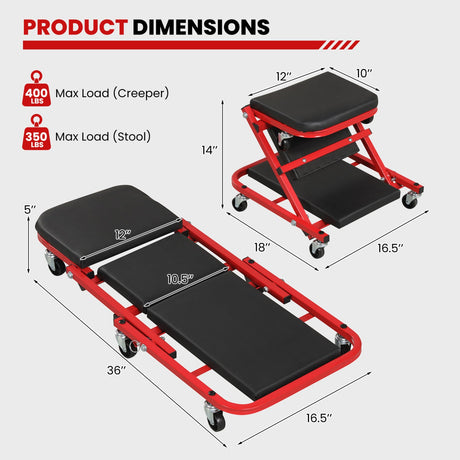 Taburete de garaje rodante con forma de Z 2 en 1 de 36" y camilla automotriz plegable - Rojo