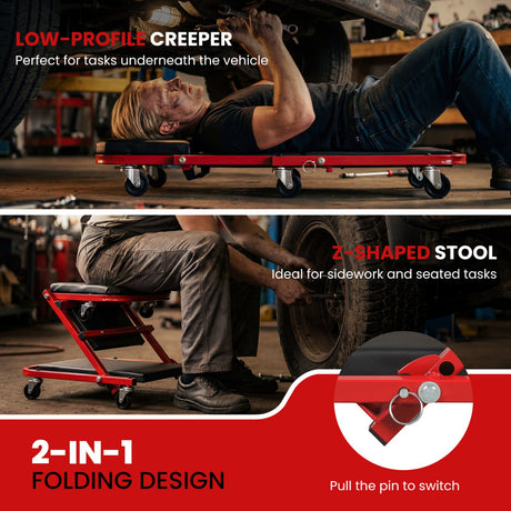 Taburete de garaje rodante con forma de Z 2 en 1 de 36" y camilla automotriz plegable - Rojo