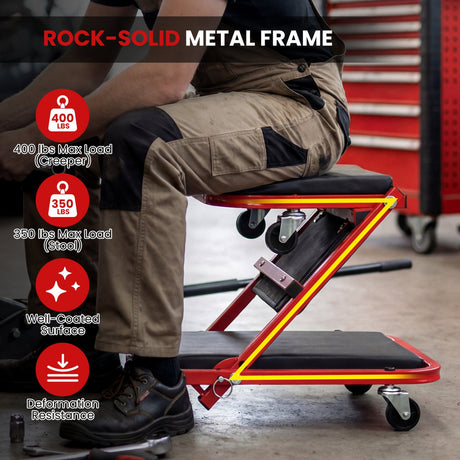 Taburete de garaje rodante con forma de Z 2 en 1 de 36" y camilla automotriz plegable - Rojo