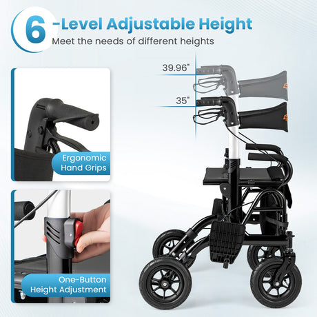 Andador enrollable plegable 2 en 1 con asiento y neumáticos de 9 pulgadas para personas mayores