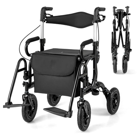 Andador enrollable plegable 2 en 1 con asiento y neumáticos de 9 pulgadas para personas mayores