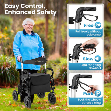 Andador enrollable plegable 2 en 1 con asiento y neumáticos de 9 pulgadas para personas mayores