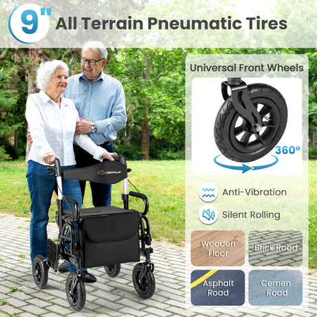Andador enrollable plegable 2 en 1 con asiento y neumáticos de 9 pulgadas para personas mayores