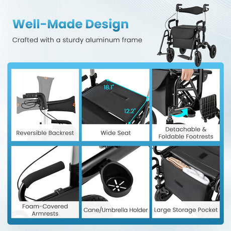 Andador enrollable plegable 2 en 1 con asiento y neumáticos de 9 pulgadas para personas mayores