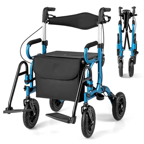 Andador enrollable plegable 2 en 1 con asiento y neumáticos de 9 pulgadas para personas mayores