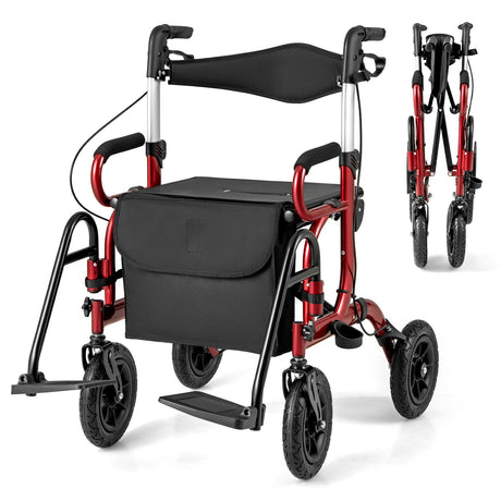 Andador enrollable plegable 2 en 1 con asiento y neumáticos de 9 pulgadas para personas mayores
