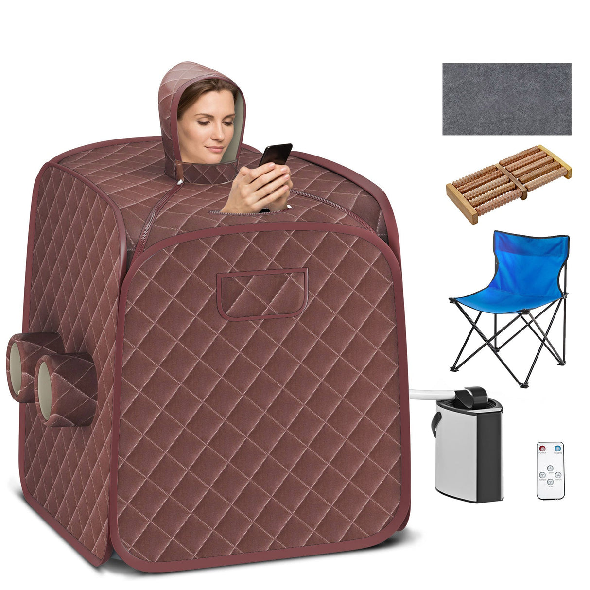 800W Tienda de Sauna de Vapor Portátil para 2 Personas SPA con Sombrero y Agujeros Laterales Vaporizador de 3L