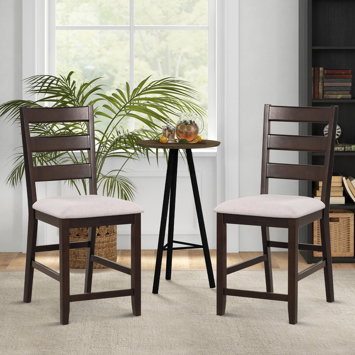 Juego de 2 taburetes de bar de altura de mostrador con asiento acolchado y patas de madera de caucho - Beige