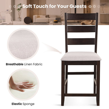 Juego de 2 taburetes de bar de altura de mostrador con asiento acolchado y patas de madera de caucho - Beige