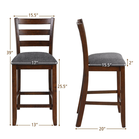 2 sillas de altura de mostrador con asiento de tela y patas de madera de caucho