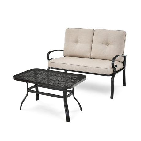Juego de muebles de 2 piezas de mesa de banco de dos plazas para patio con silla acolchada - Azul