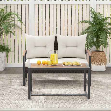Juego de 2 piezas de muebles de patio de mimbre de PE con mesa de centro de madera de acacia-Blanco