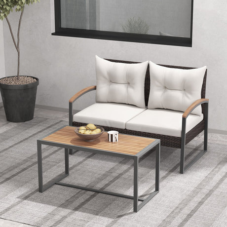 Juego de 2 piezas de muebles de patio de mimbre de PE con mesa de centro de madera de acacia-Blanco