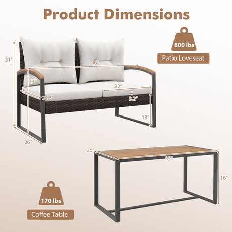 Juego de 2 piezas de muebles de patio de mimbre de PE con mesa de centro de madera de acacia-Blanco