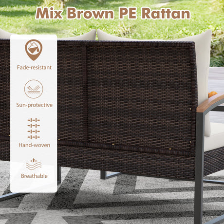 Juego de 2 piezas de muebles de patio de mimbre de PE con mesa de centro de madera de acacia-Blanco