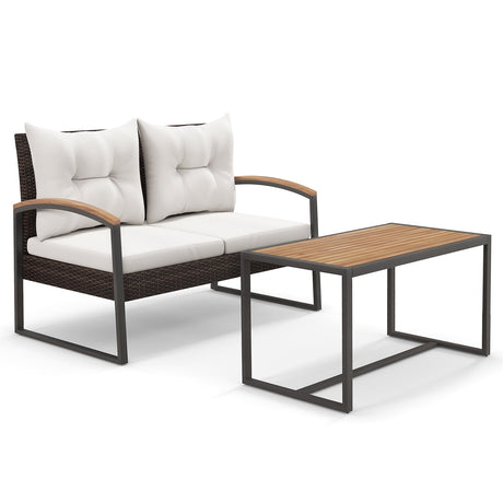 Juego de 2 piezas de muebles de patio de mimbre de PE con mesa de centro de madera de acacia-Blanco