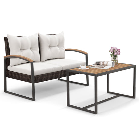 Juego de 2 piezas de muebles de patio de mimbre de PE con mesa de centro de madera de acacia-Blanco