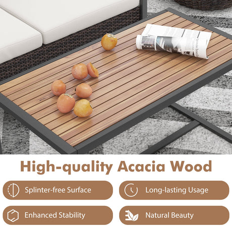 Juego de 2 piezas de muebles de patio de mimbre de PE con mesa de centro de madera de acacia-Blanco