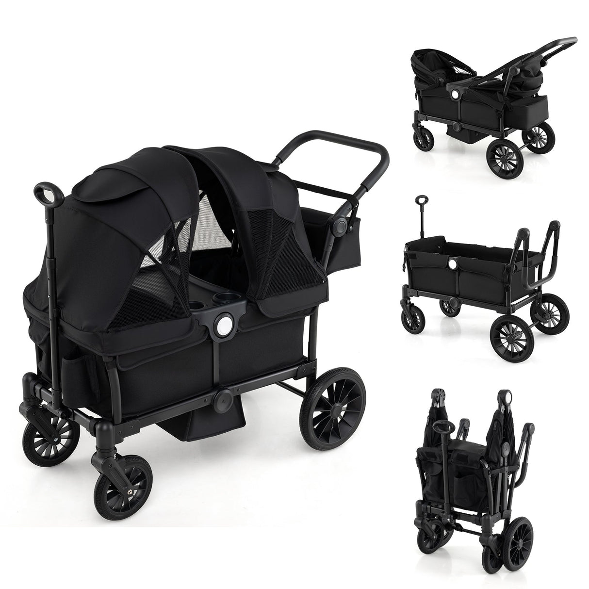 Cochecito/Carro Plegable de Empuje/Tire de 2 Plazas para Niños con Manillares Ajustables