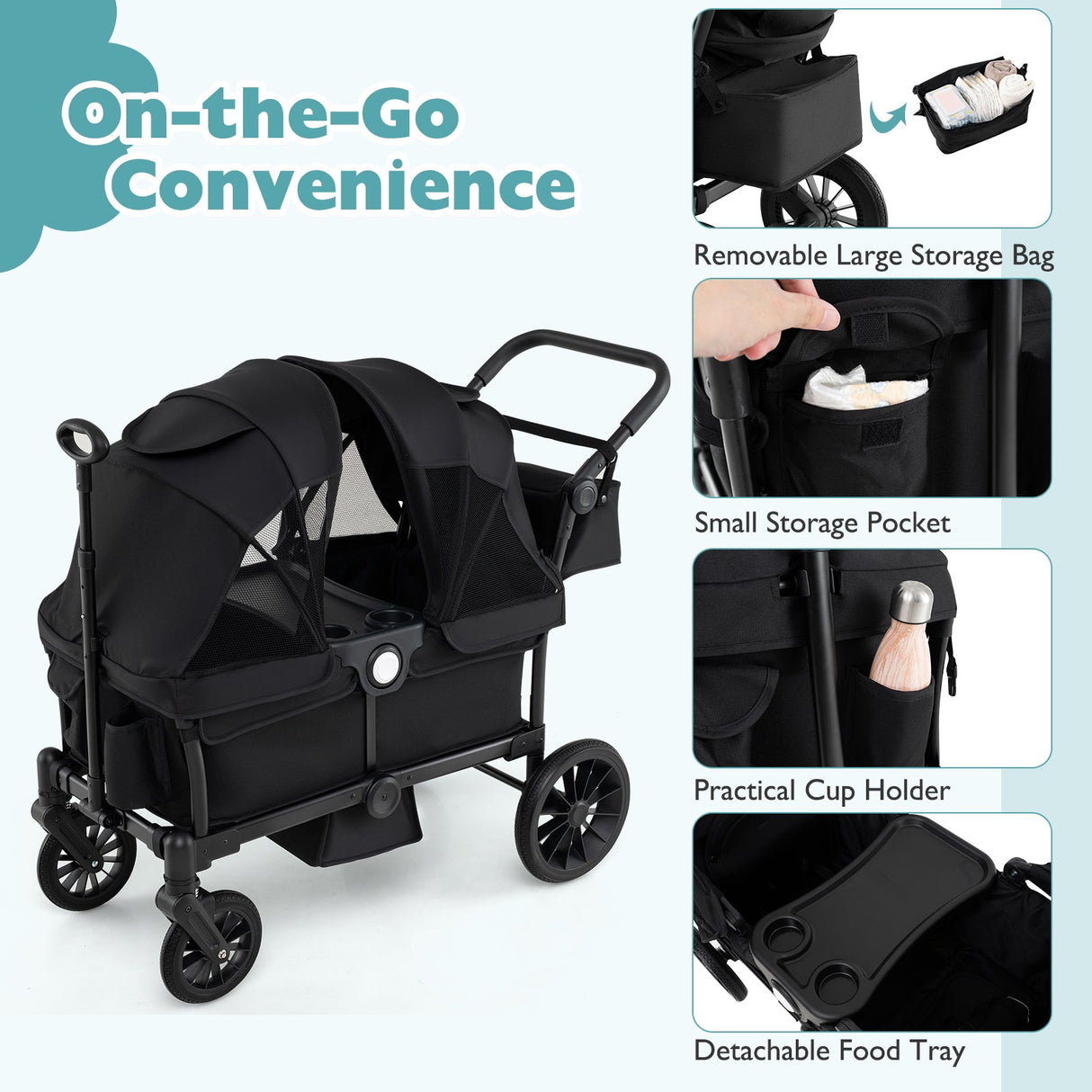 Cochecito/Carro Plegable de Empuje/Tire de 2 Plazas para Niños con Manillares Ajustables