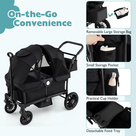 Cochecito/Carro Plegable de Empuje/Tire de 2 Plazas para Niños con Manillares Ajustables