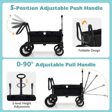 Cochecito/Carro Plegable de Empuje/Tire de 2 Plazas para Niños con Manillares Ajustables