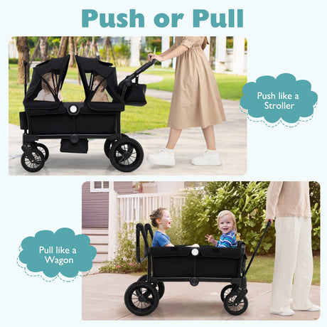 Cochecito/Carro Plegable de Empuje/Tire de 2 Plazas para Niños con Manillares Ajustables