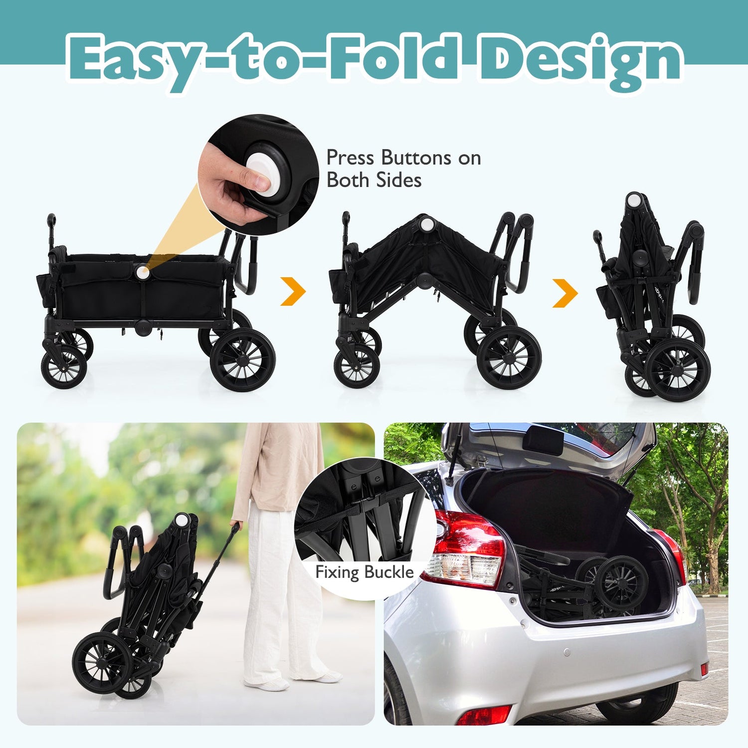 Cochecito/Carro Plegable de Empuje/Tire de 2 Plazas para Niños con Manillares Ajustables