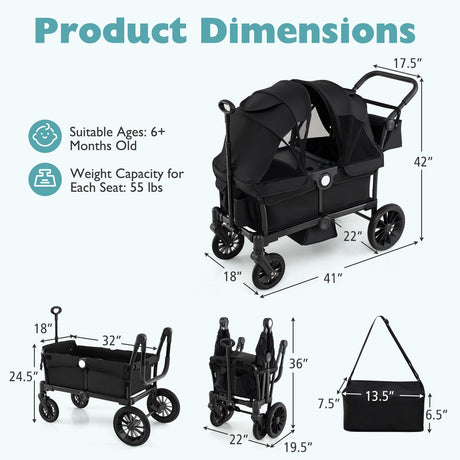 Cochecito/Carro Plegable de Empuje/Tire de 2 Plazas para Niños con Manillares Ajustables