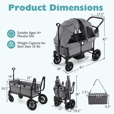 Cochecito/Carro Plegable de Empuje/Tire de 2 Plazas para Niños con Manillares Ajustables