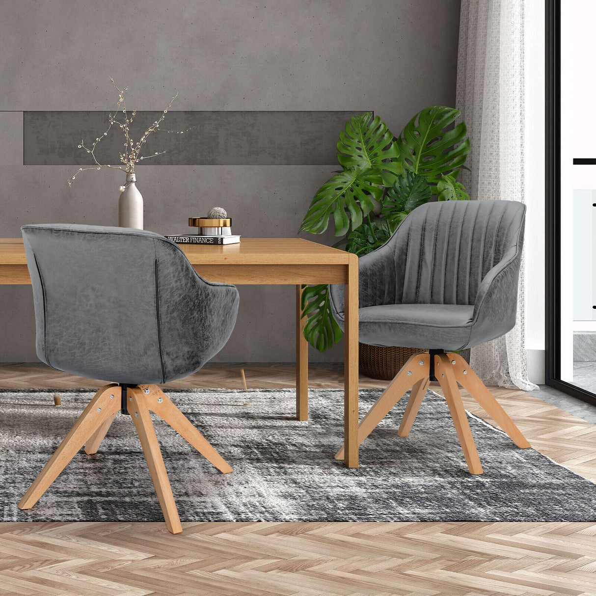 Juego Moderno Leathaire de 2 Sillones Giratorios con Patas de Madera de Haya