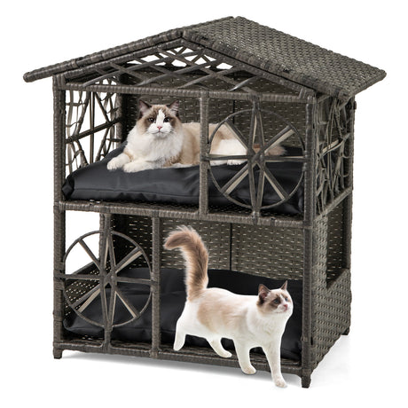 Casa para gatos de mimbre de 2 pisos, condominio para gatitos de ratán con cojines extraíbles - Gris
